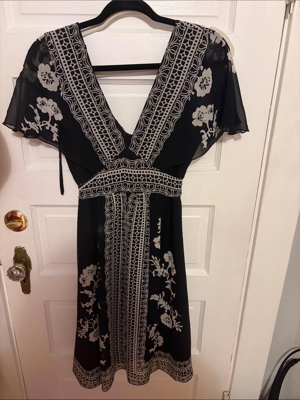 White House Black Market Black Midi Silk Dress with Ivory Floral Trim